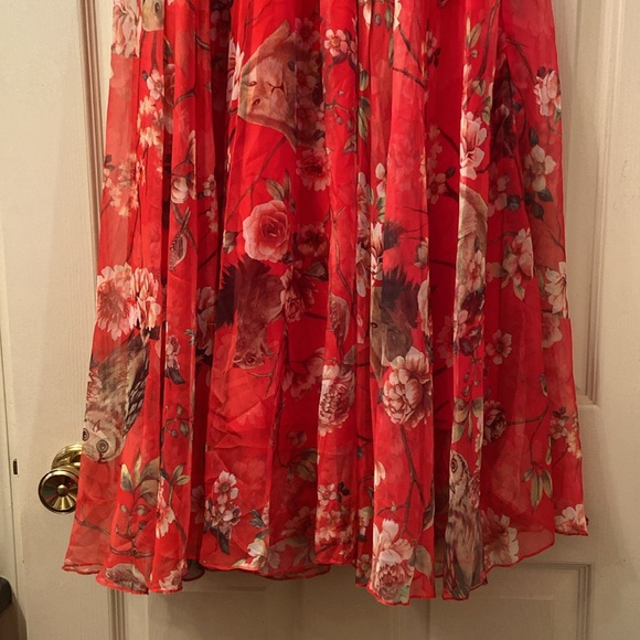 NWT Afibi Chiffon Skirt Red Forest Animal Print Owl Squirrel Rabbit Birds SZ M - Picture 6 of 16